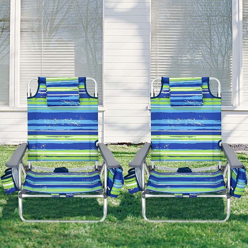 2 Pcs Folding Backpack 5-Position Beach Chair with Pillow