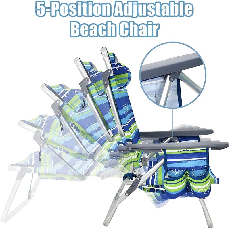 2 Pcs Folding Backpack 5-Position Beach Chair with Pillow