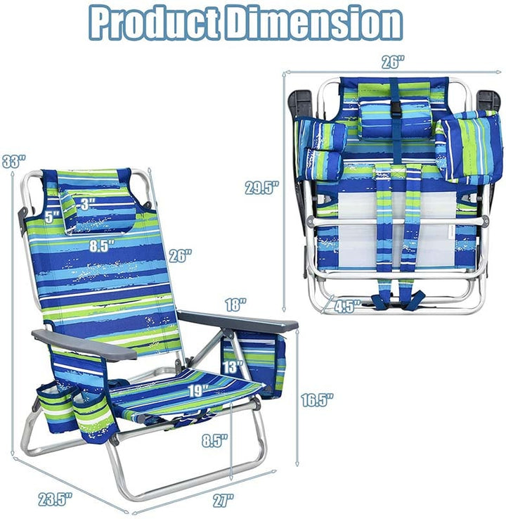2 Pcs Folding Backpack 5-Position Beach Chair with Pillow