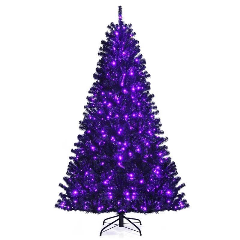 7FT Black Artificial Christmas Halloween Tree with Purple LED Lights