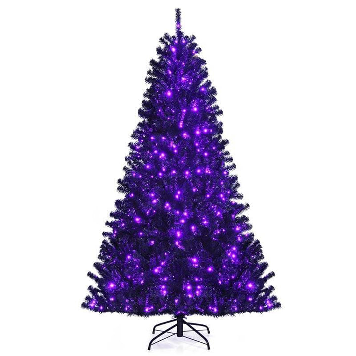 7FT Black Artificial Christmas Halloween Tree with Purple LED Lights