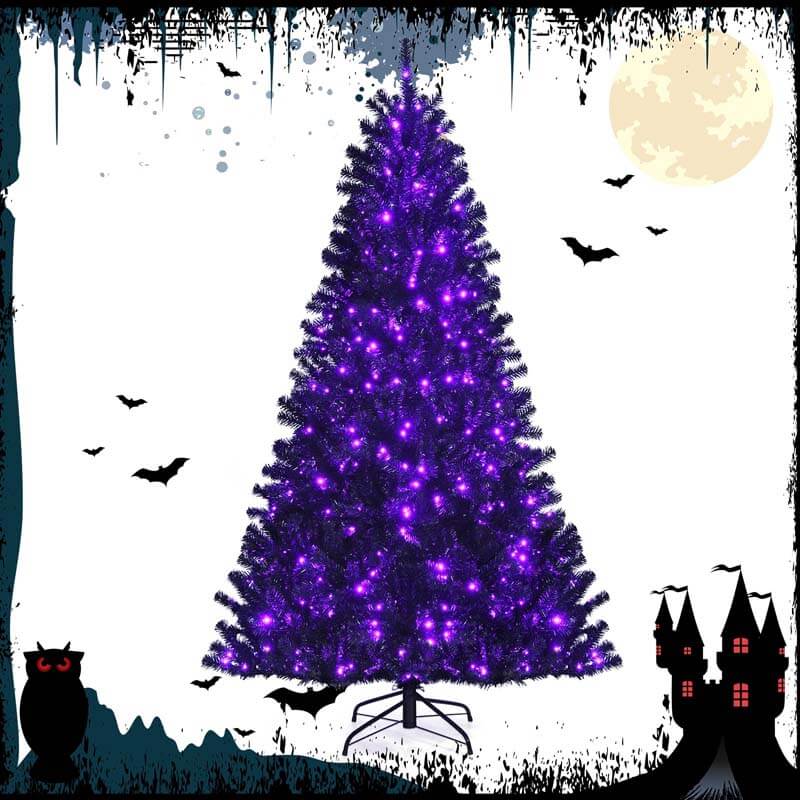 7FT Black Artificial Christmas Halloween Tree with Purple LED Lights