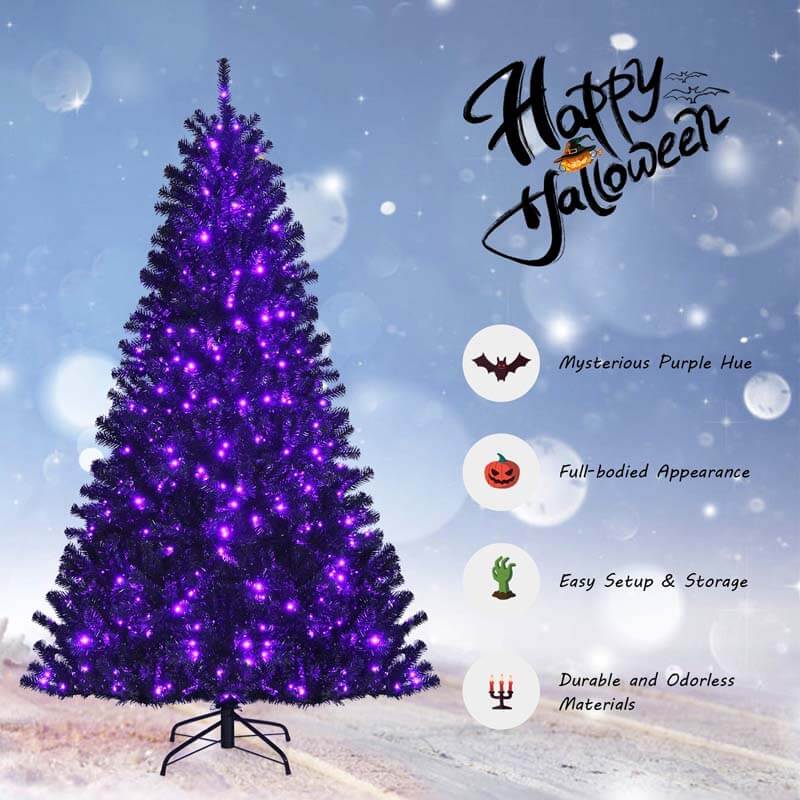 7FT Black Artificial Christmas Halloween Tree with Purple LED Lights