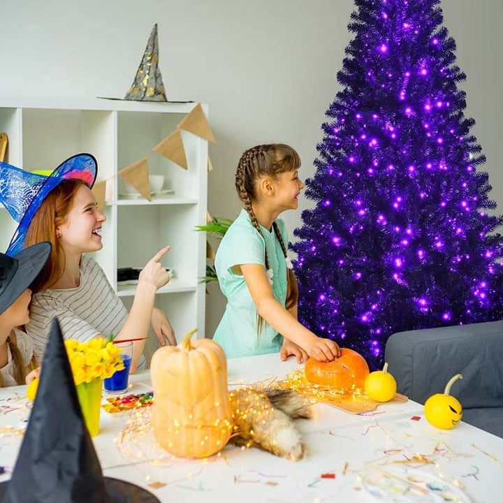 7FT Black Artificial Christmas Halloween Tree with Purple LED Lights