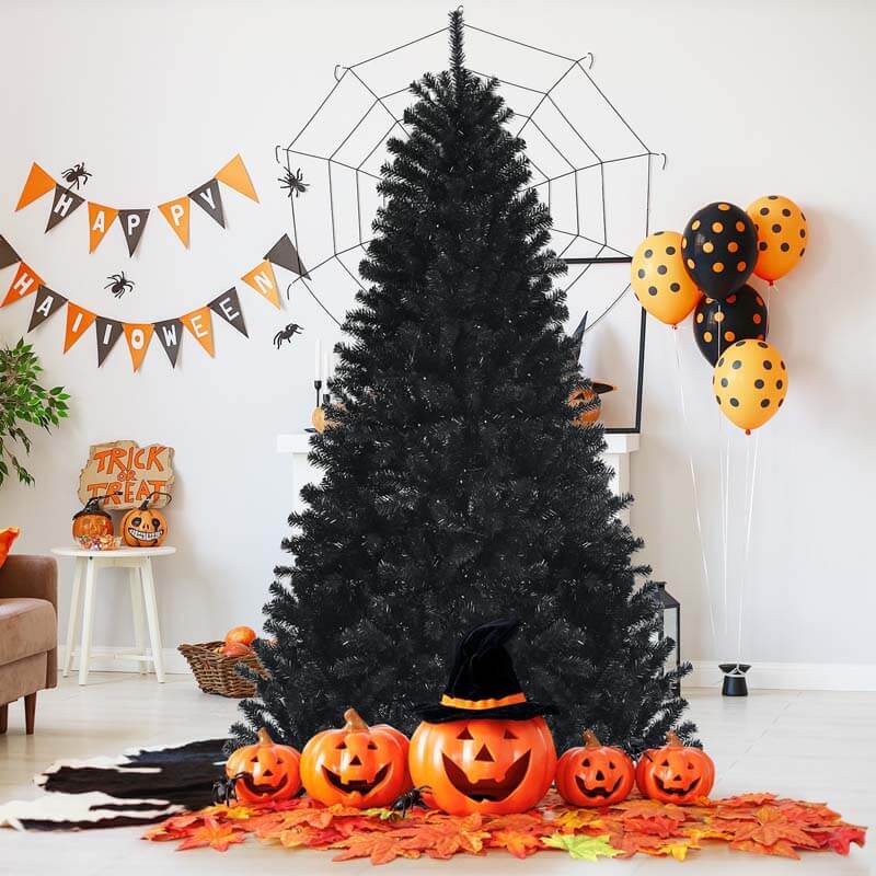7FT Black Artificial Christmas Halloween Tree with Purple LED Lights