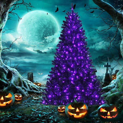 7FT Black Artificial Christmas Halloween Tree with Purple LED Lights