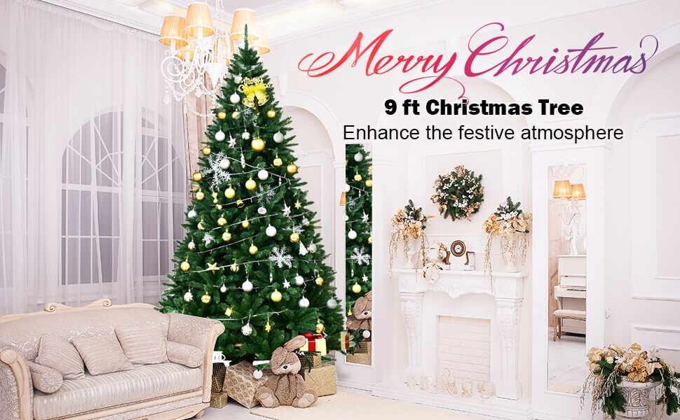 9Ft Hinged 3594 Branch Tips Artificial Douglas Christmas Tree with Foldable Solid Metal Stand