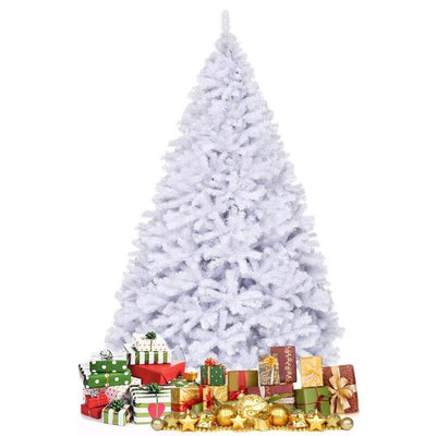 9FT White Hinged Artificial Christmas Tree with Metal Stand