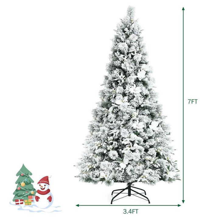 7FT Snow Flocked Hinged Christmas Tree with Berries and Poinsettia Flowers