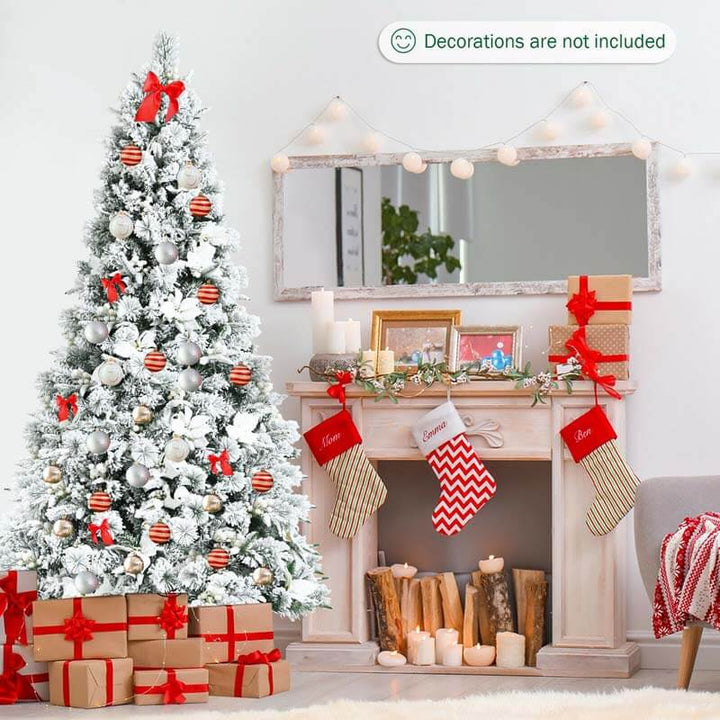 7FT Snow Flocked Hinged Christmas Tree with Berries and Poinsettia Flowers