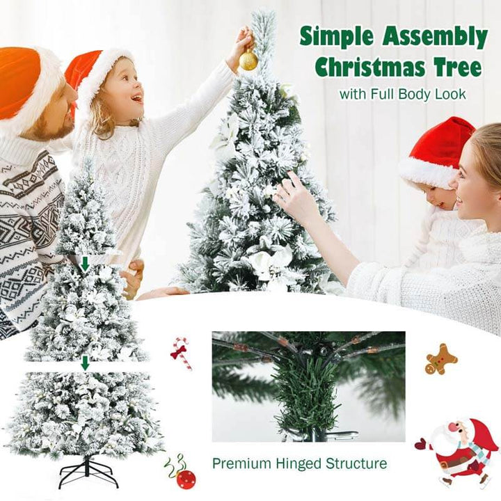 7FT Snow Flocked Hinged Christmas Tree with Berries and Poinsettia Flowers
