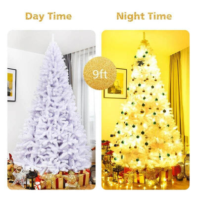 9FT White Hinged Artificial Christmas Tree with Metal Stand