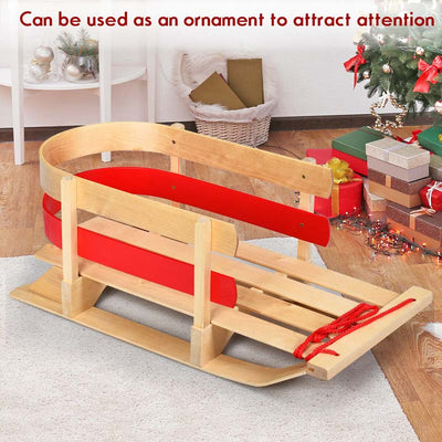 Outdoor Wooden Play Snow Sled Pull Steering Slider with Solid Wood Seat Sleigh Toboggan for Toddles Kids Adults