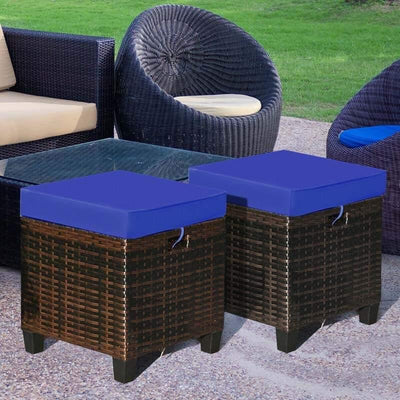 2 Pieces Outdoor Patio Rattan Ottoman All Weather Wicker Footstool Footrest Seat With Removable Cushions