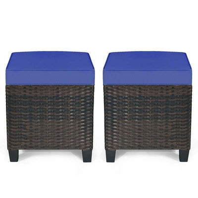 2 Pieces Outdoor Patio Rattan Ottoman All Weather Wicker Footstool Footrest Seat With Removable Cushions