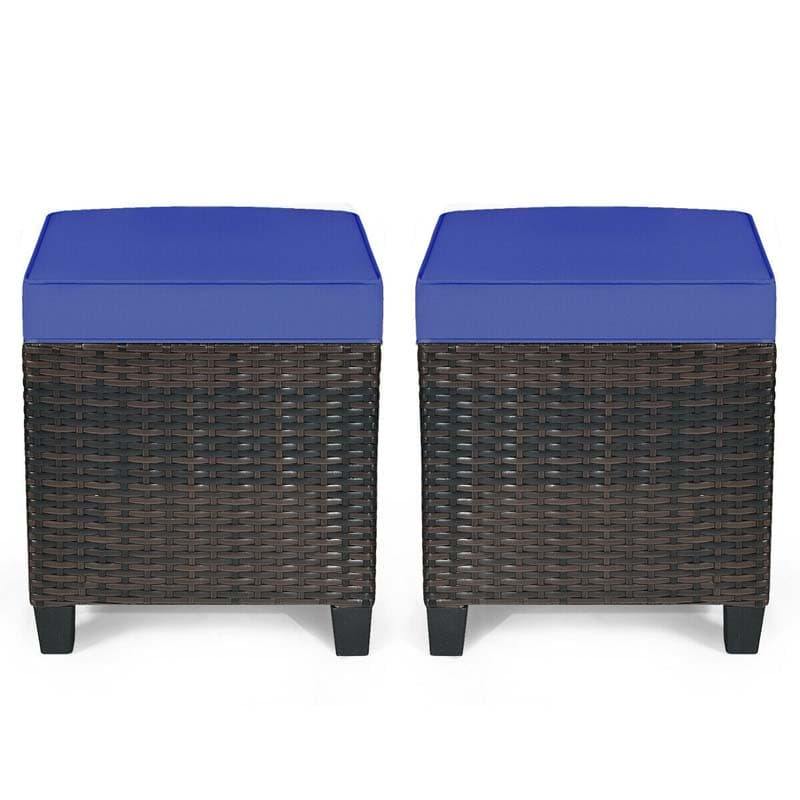 2 Pieces Outdoor Patio Rattan Ottoman All Weather Wicker Footstool Footrest Seat With Removable Cushions