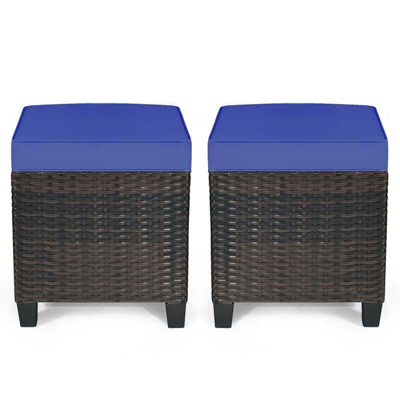 2 Pieces Outdoor Patio Rattan Ottoman All Weather Wicker Footstool Footrest Seat With Removable Cushions