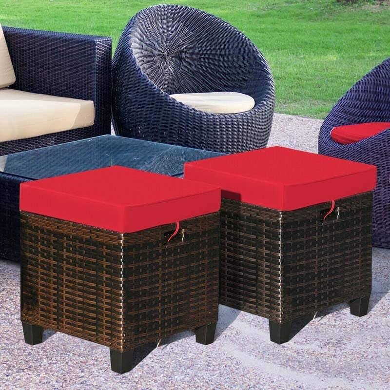 2 Pieces Outdoor Patio Rattan Ottoman All Weather Wicker Footstool Footrest Seat With Removable Cushions