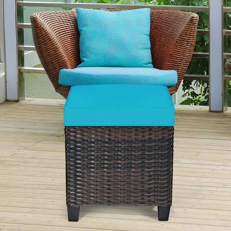 2 Pieces Outdoor Patio Rattan Ottoman All Weather Wicker Footstool Footrest Seat With Removable Cushions