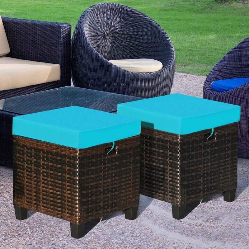 2 Pieces Outdoor Patio Rattan Ottoman All Weather Wicker Footstool Footrest Seat With Removable Cushions