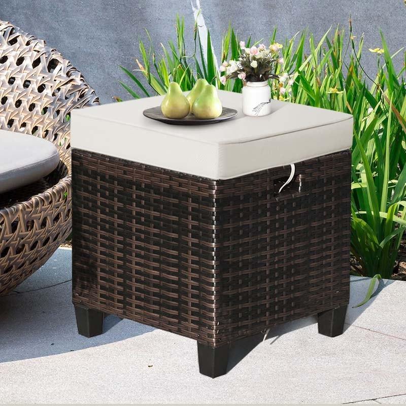 2 Pieces Outdoor Patio Rattan Ottoman All Weather Wicker Footstool Footrest Seat With Removable Cushions