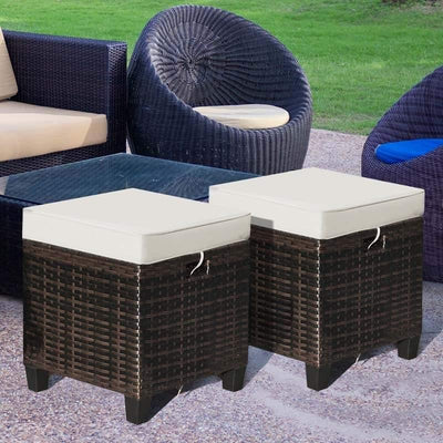 2 Pieces Outdoor Patio Rattan Ottoman All Weather Wicker Footstool Footrest Seat With Removable Cushions