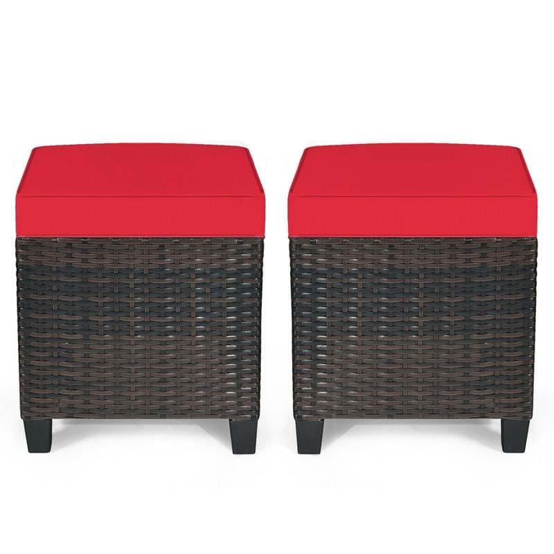 2 Pieces Outdoor Patio Rattan Ottoman All Weather Wicker Footstool Footrest Seat With Removable Cushions