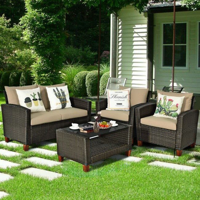 4 Pieces Outdoor Patio Rattan Furniture Set with Cushions