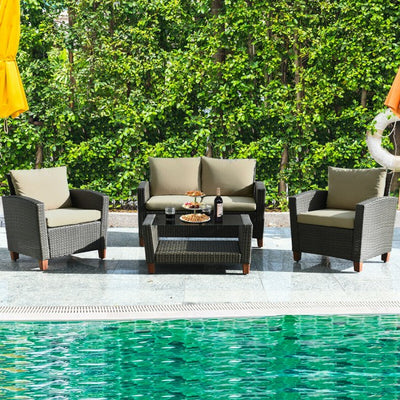 4 Pieces Outdoor Patio Rattan Furniture Set with Cushions