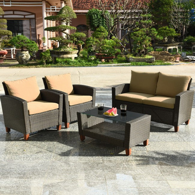 4 Pieces Outdoor Patio Rattan Furniture Set with Cushions