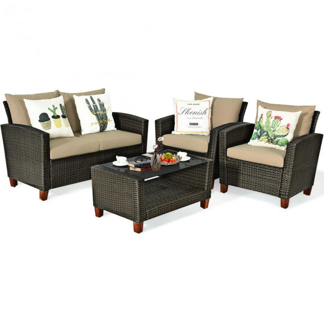 4 Pieces Outdoor Patio Rattan Furniture Set with Cushions