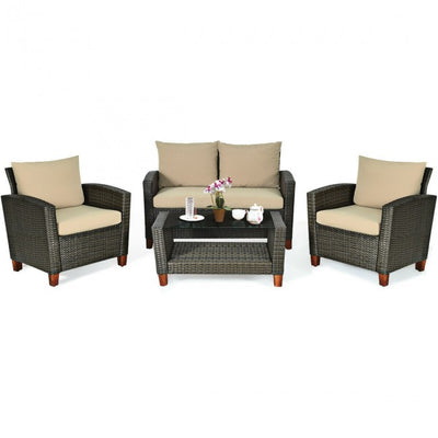4 Pieces Outdoor Patio Rattan Furniture Set with Cushions
