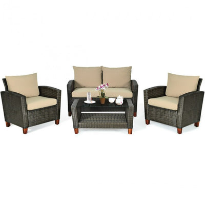 4 Pieces Outdoor Patio Rattan Furniture Set with Cushions