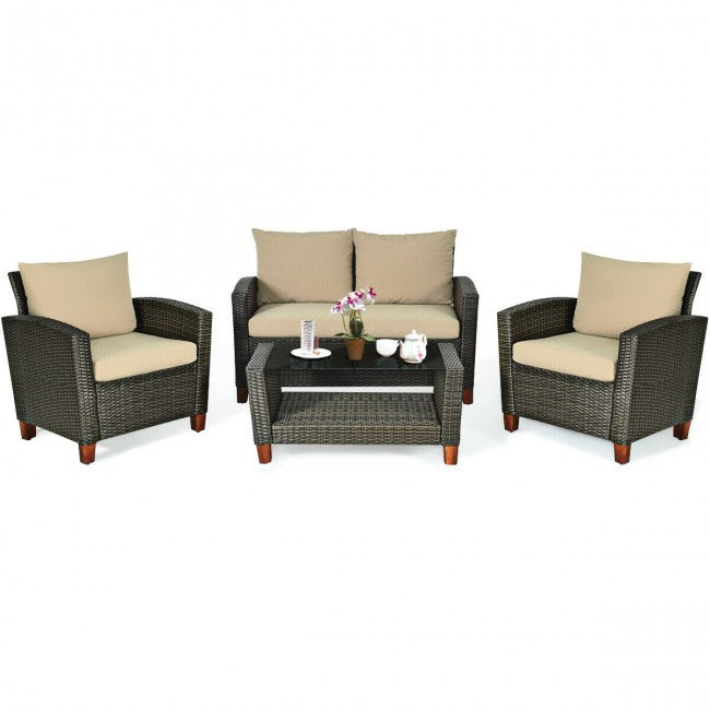 4 Pieces Outdoor Patio Rattan Furniture Set with Cushions