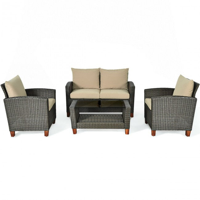 4 Pieces Outdoor Patio Rattan Furniture Set with Cushions