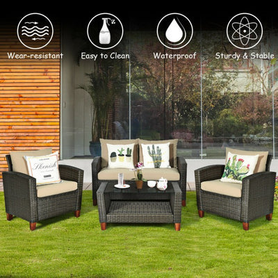 4 Pieces Outdoor Patio Rattan Furniture Set with Cushions