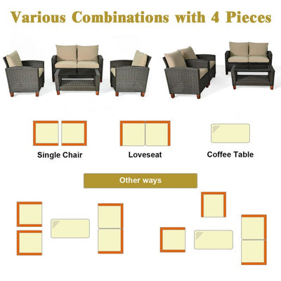 4 Pieces Outdoor Patio Rattan Furniture Set with Cushions