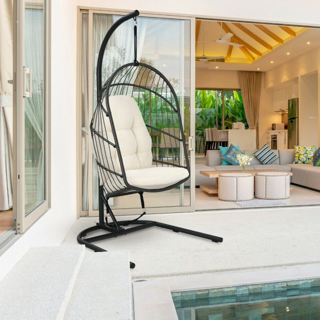 Outdoor Patio Hanging Egg Chair with Cushion and Stand