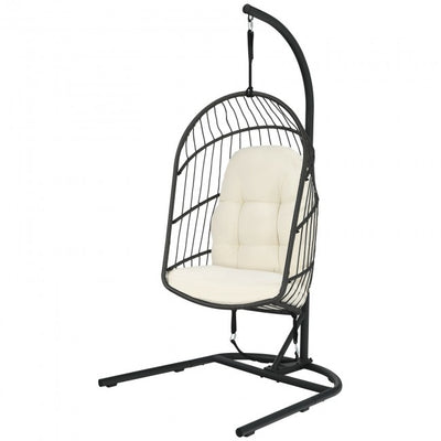 Outdoor Patio Hanging Egg Chair with Cushion and Stand