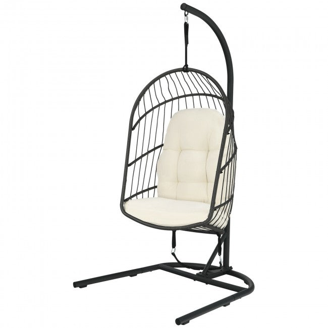 Outdoor Patio Hanging Egg Chair with Cushion and Stand