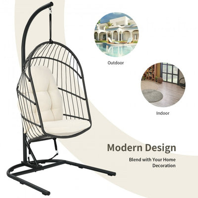 Outdoor Patio Hanging Egg Chair with Cushion and Stand