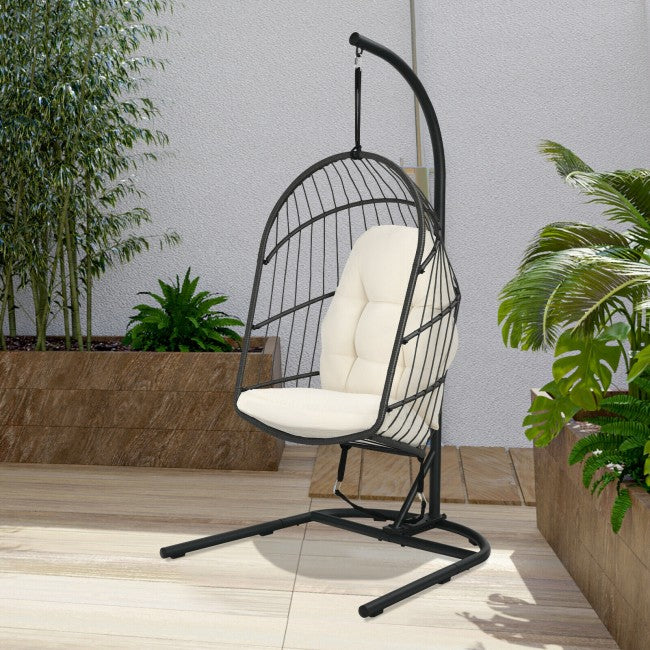 Outdoor Patio Hanging Egg Chair with Cushion and Stand