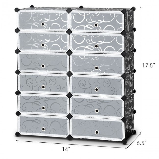 12 Cubes 6 Tiers Shoe Rack Entryway Shoe Organizer, Portable Plastic Cabinet With Doors
