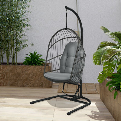 Outdoor Patio Hanging Egg Chair with Cushion and Stand