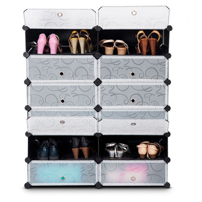 12 Cubes 6 Tiers Shoe Rack Entryway Shoe Organizer, Portable Plastic Cabinet With Doors