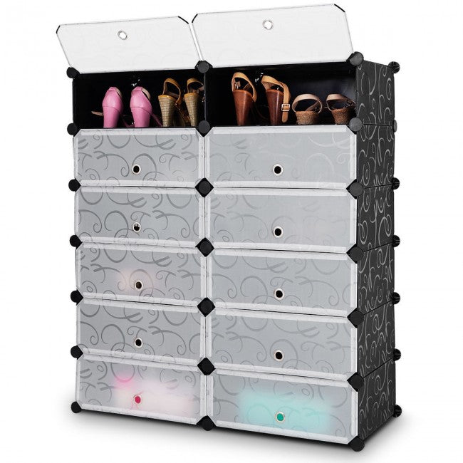 12 Cubes 6 Tiers Shoe Rack Entryway Shoe Organizer, Portable Plastic Cabinet With Doors