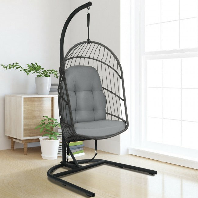 Outdoor Patio Hanging Egg Chair with Cushion and Stand