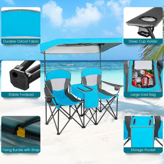 Outdoor Portable 2 Folding Beach Chairs Camping Seat with Shade Canopy