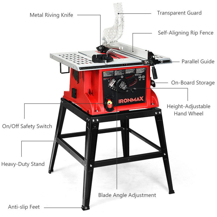 10 Inch Portable Aluminum Table Saw 15 Amp Electric Cutting Machine with Sliding Miter Gauge