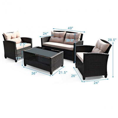 4 Pieces Patio Rattan Furniture Set Outdoor Conversation Sofa Set with Lower Shelf and Coffee Table